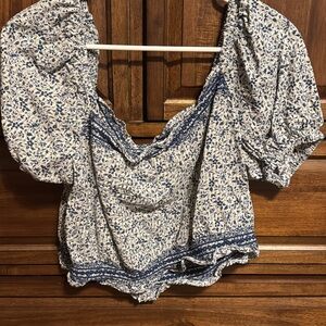 Madewell White and Blue Ruffled Crop Top